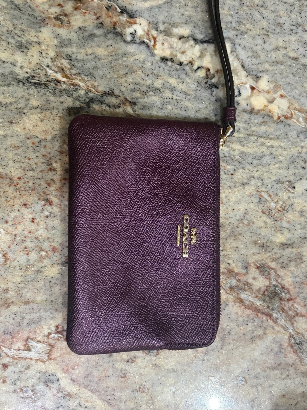 Coach Pebbled Leather Wristlet in Deep Plum with Gold Hardware